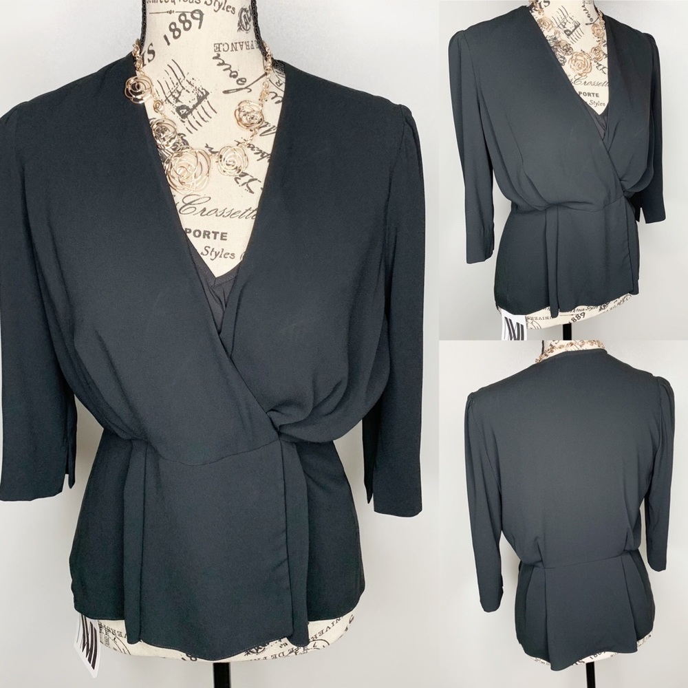 M.M. Lafleur De Beauvoir Black 3/4 Sleeve V-neck Fitted Career Blouse Small